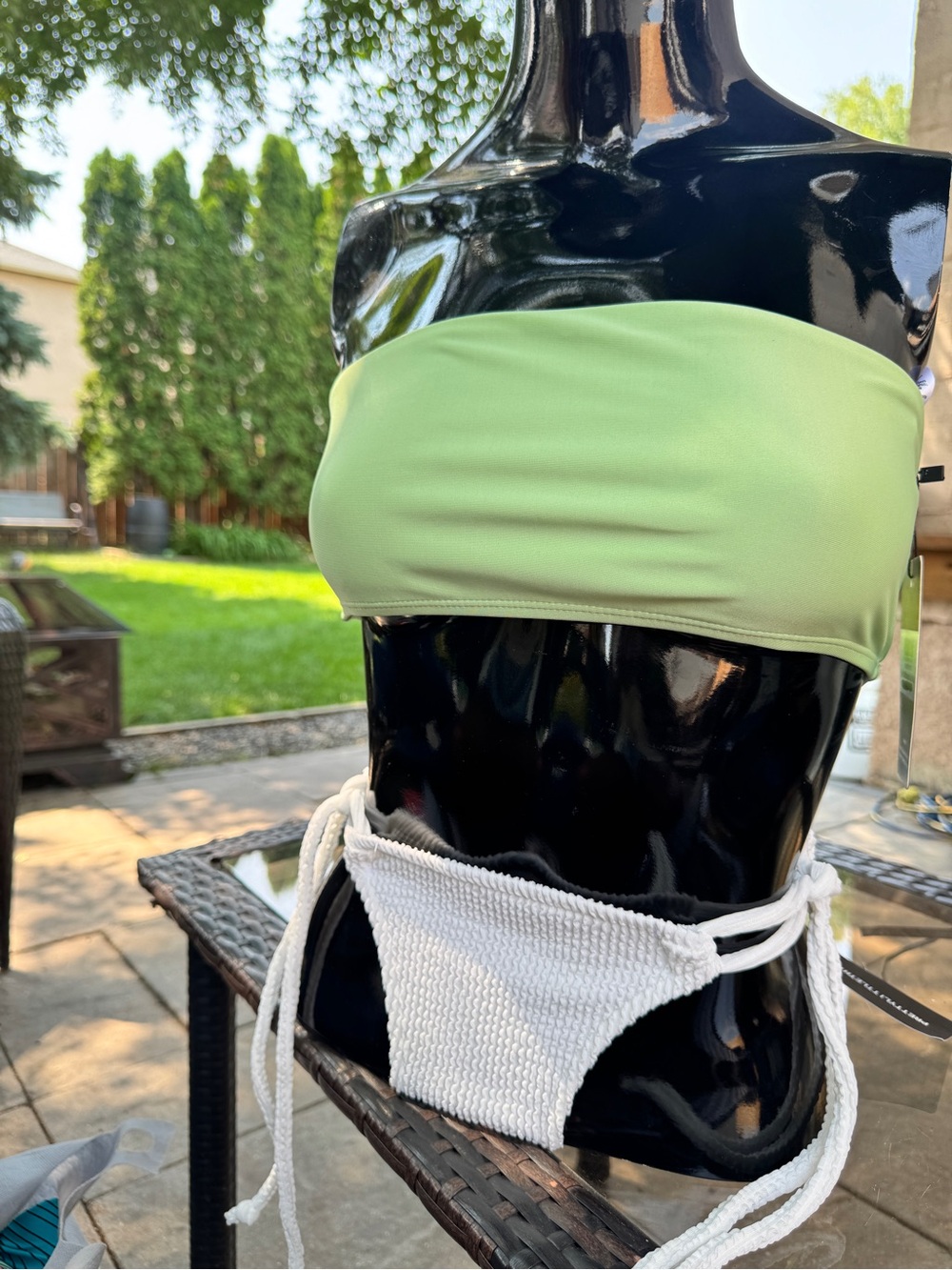 PrettyLittleThing White Textured Tie Side Thong and Green Bandeau Top